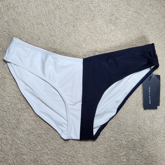 Tommy Hilfiger Split Color High Leg V Cut Swimsuit Bottoms Bikini White Blue XXL - Picture 1 of 8